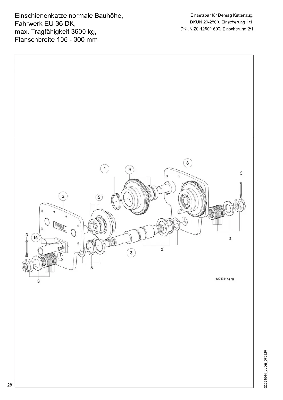 Demag DKUN 20 – Einschienenkatze normale Bauhöhe, Einsetzbar für Demag Kettenzug, Fahrwerk EU 36 DK, DKUN 20-2500, Einscherung 1/1, DKUN 20-1250/1600, Einsc, Zeichnung Seite 28