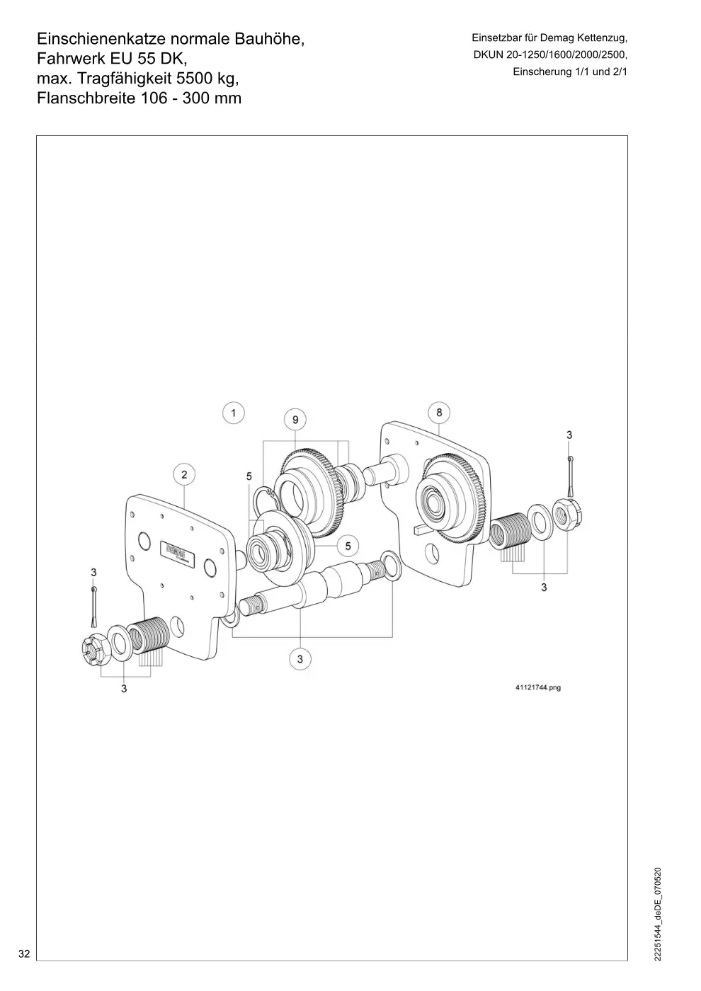 Demag DKUN 20 – Einschienenkatze normale Bauhöhe, Einsetzbar für Demag Kettenzug, Fahrwerk EU 55 DK, DKUN 20-1250/1600/2000/2500, max. Tragfähigkeit 5500 kg, Zeichnung Seite 32