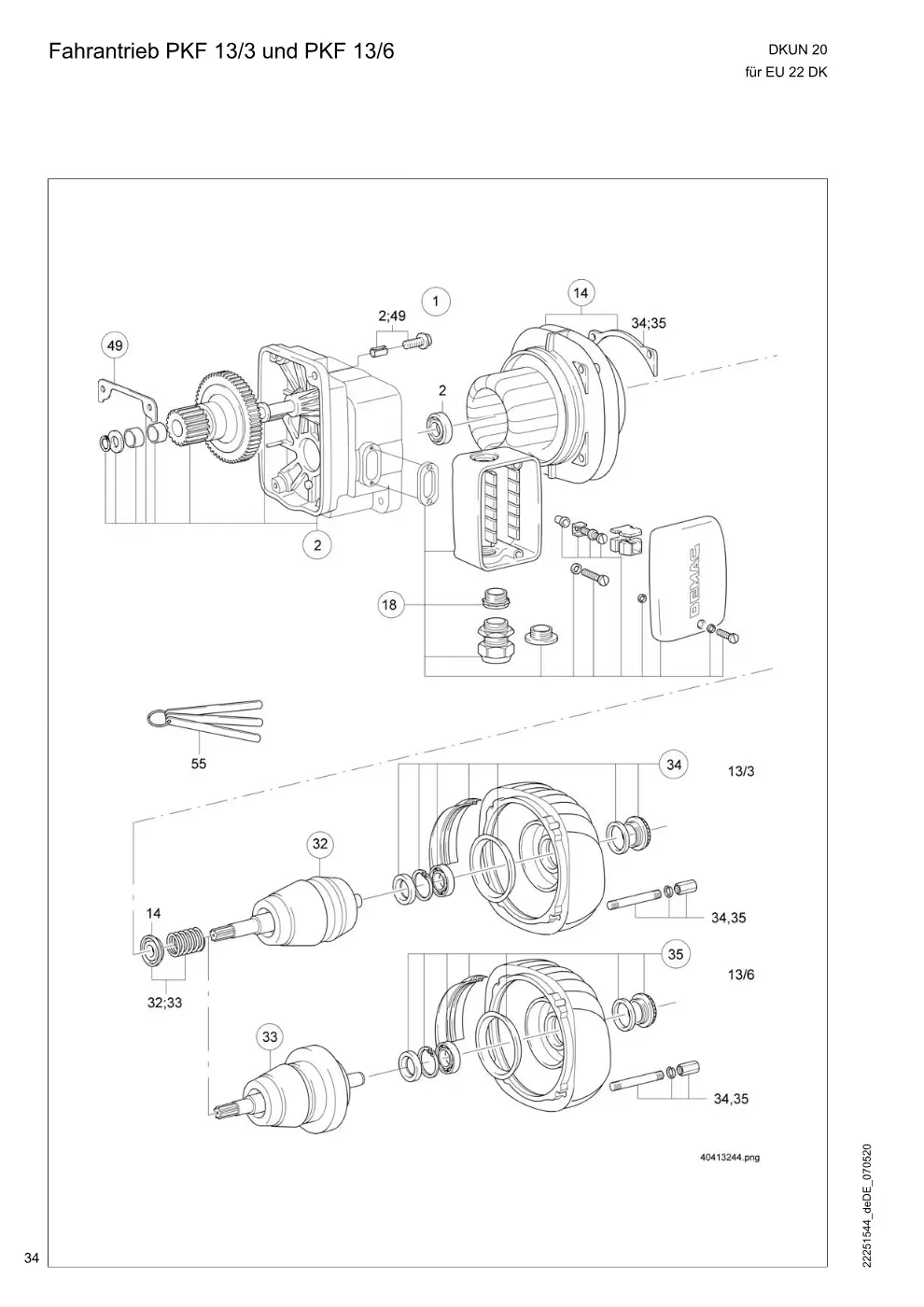 Demag DKUN 20 – Fahrantrieb PKF 13/3 und PKF 13/6, Zeichnung Seite 34