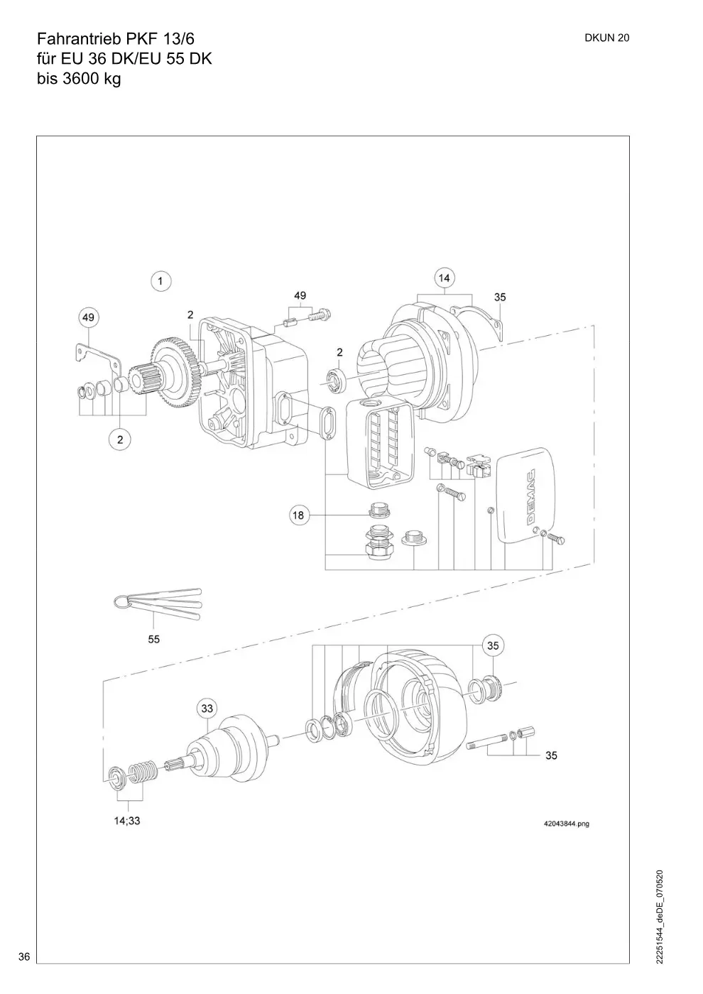 Demag DKUN 20 – Fahrantrieb PKF 13/6 für EU 36 DK/EU 55 DK bis 3600 kg, Zeichnung Seite 36