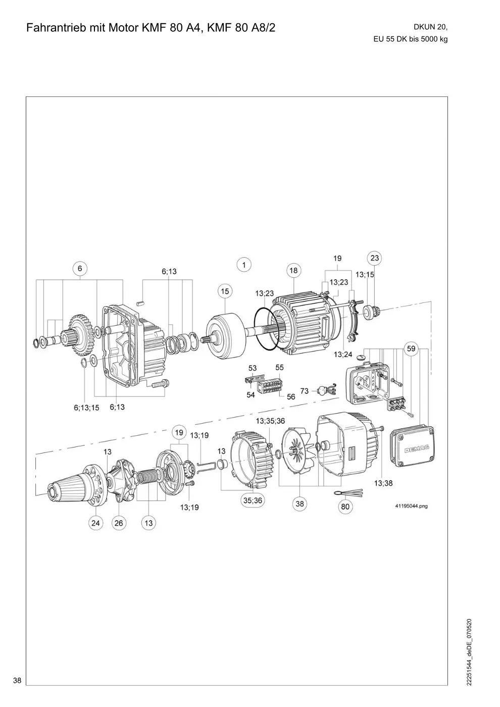 Demag DKUN 20 – Fahrantrieb mit Motor KMF 80 A4, KMF 80 A8/2, Zeichnung Seite 38