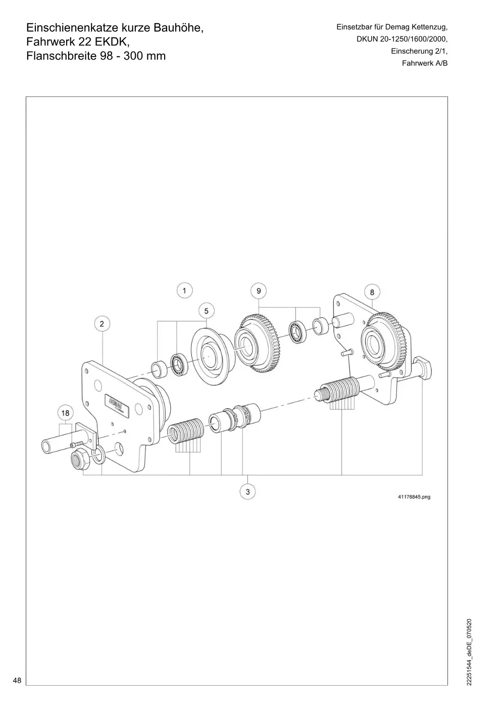 Demag DKUN 20 – Einschienenkatze kurze Bauhöhe, Einsetzbar für Demag Kettenzug, Fahrwerk 22 EKDK, DKUN 20-1250/1600/2000, Flanschbreite 98 - 300 mm, Zeichnung Seite 48