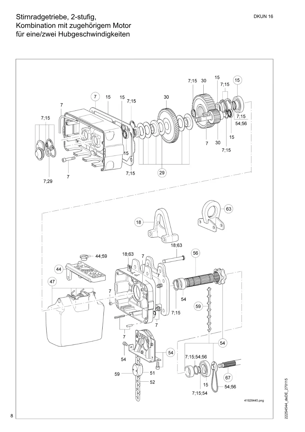 Demag DKUN 16 – Stirnradgetriebe, 2-stufig, Kombination mit zugehörigem Motor für eine/zwei Hubgeschwindigkeiten, Zeichnung Seite 8