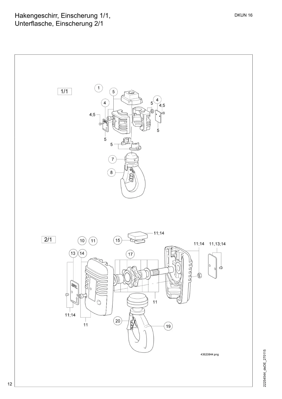 Demag DKUN 16 – Hakengeschirr, Einscherung 1/1, Unterflasche, Einscherung 2/1, Zeichnung Seite 12