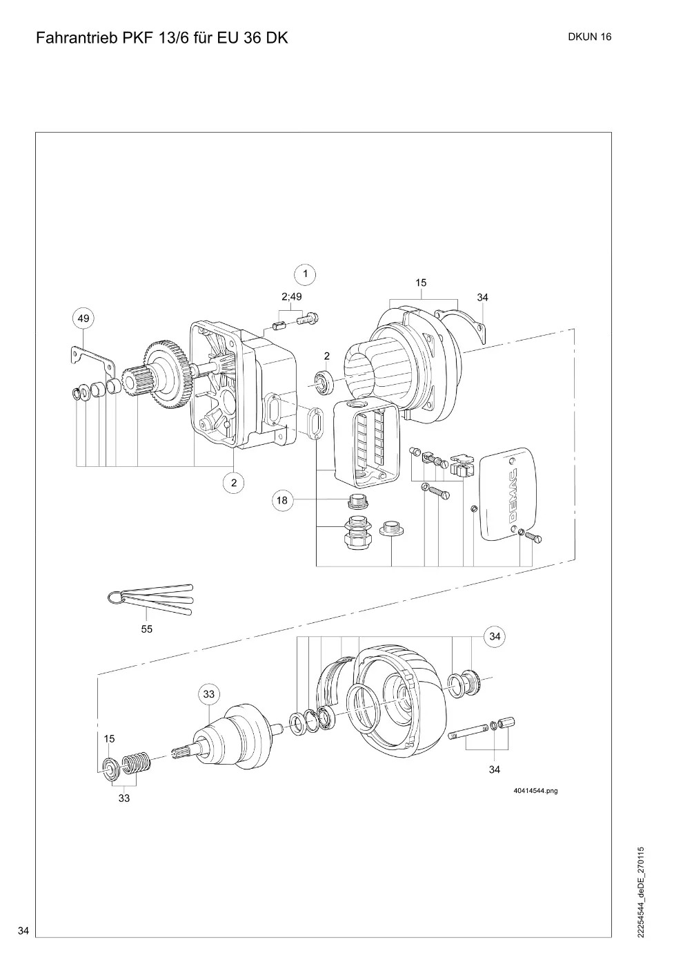Demag DKUN 16 – Fahrantrieb PKF 13/6 für EU 36 DK, Zeichnung Seite 34