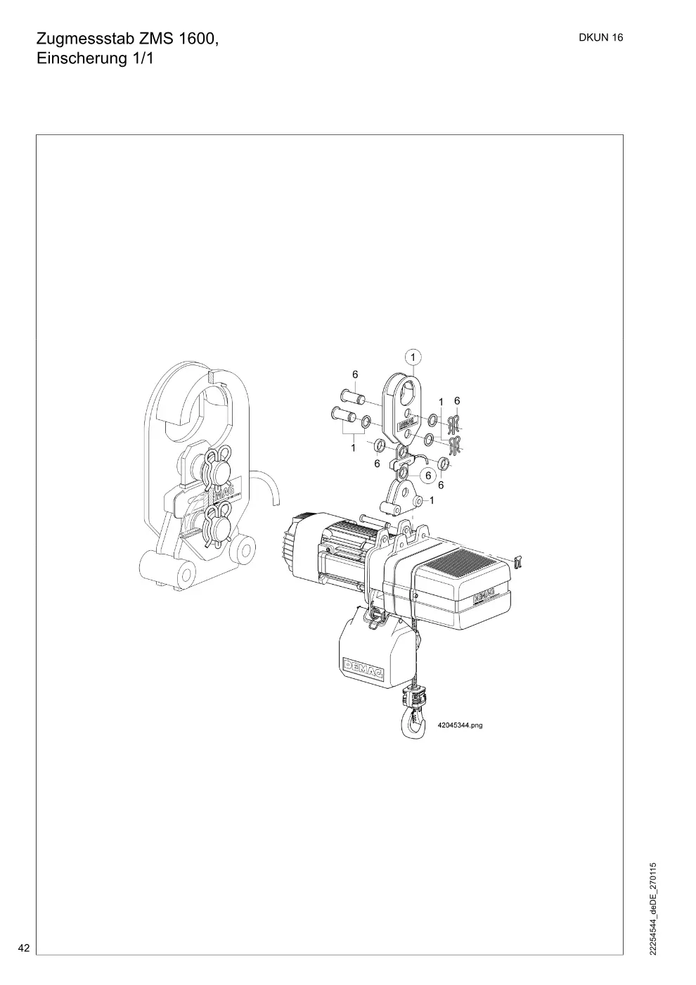 Demag DKUN 16 – Zugmessstab ZMS 1600, Einscherung 1/1, Zeichnung Seite 42
