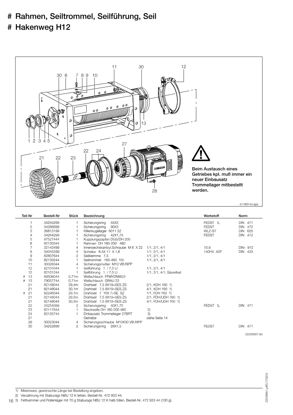 Demag DH 160 – # Rahmen, Seiltrommel, Seilführung, Seil # Hakenweg H12, Zeichnung Seite 16