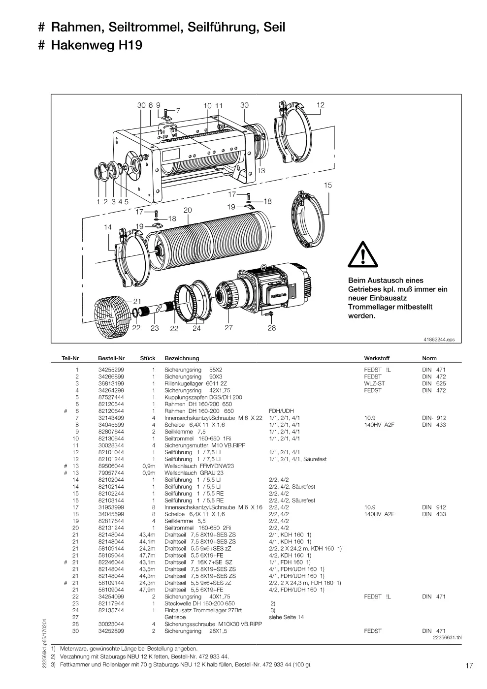 Demag DH 160 – # Rahmen, Seiltrommel, Seilführung, Seil # Hakenweg H19, Zeichnung Seite 17