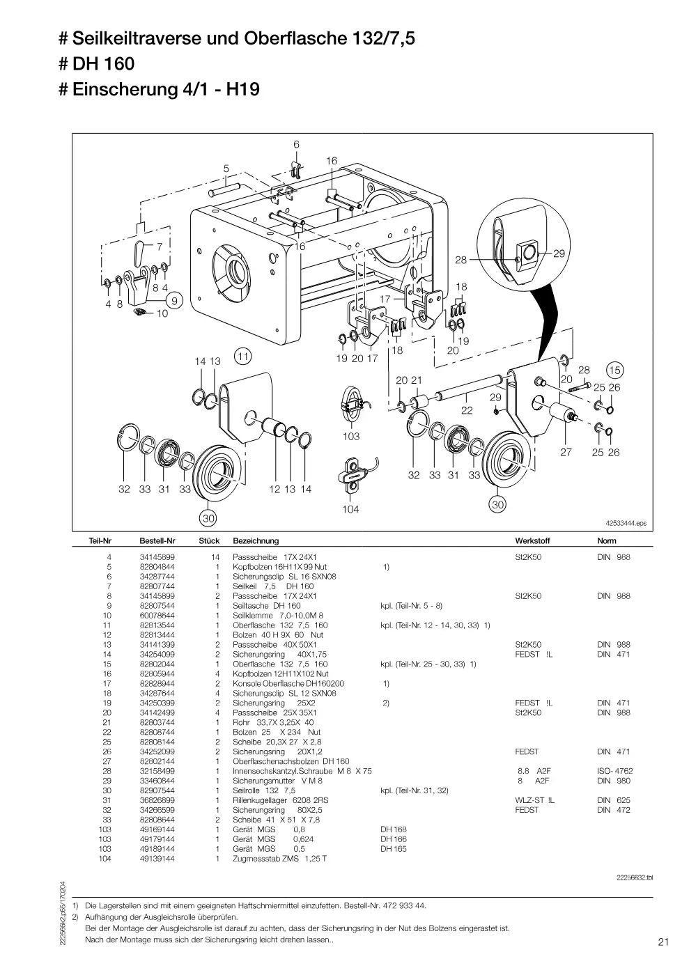 Demag DH 160 – # Seilkeiltraverse und Oberflasche 132/7,5 # DH 160, Zeichnung Seite 21