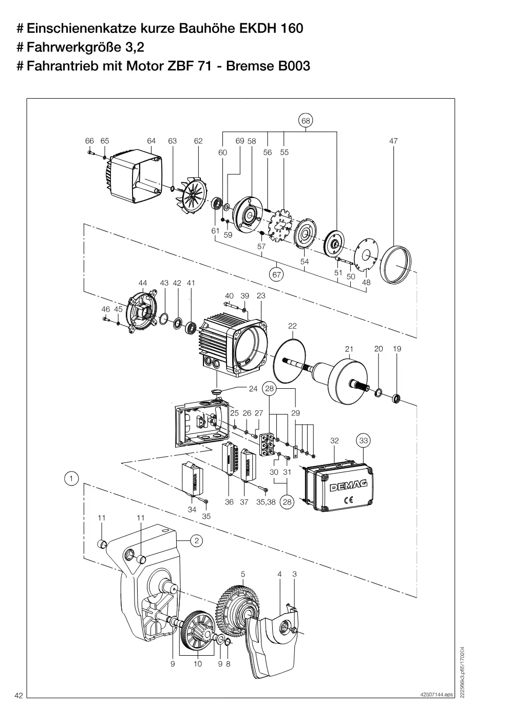 Demag DH 160 – # Einschienenkatze kurze Bauhöhe EKDH 160 # Fahrwerkgröße 3,2, Zeichnung Seite 42
