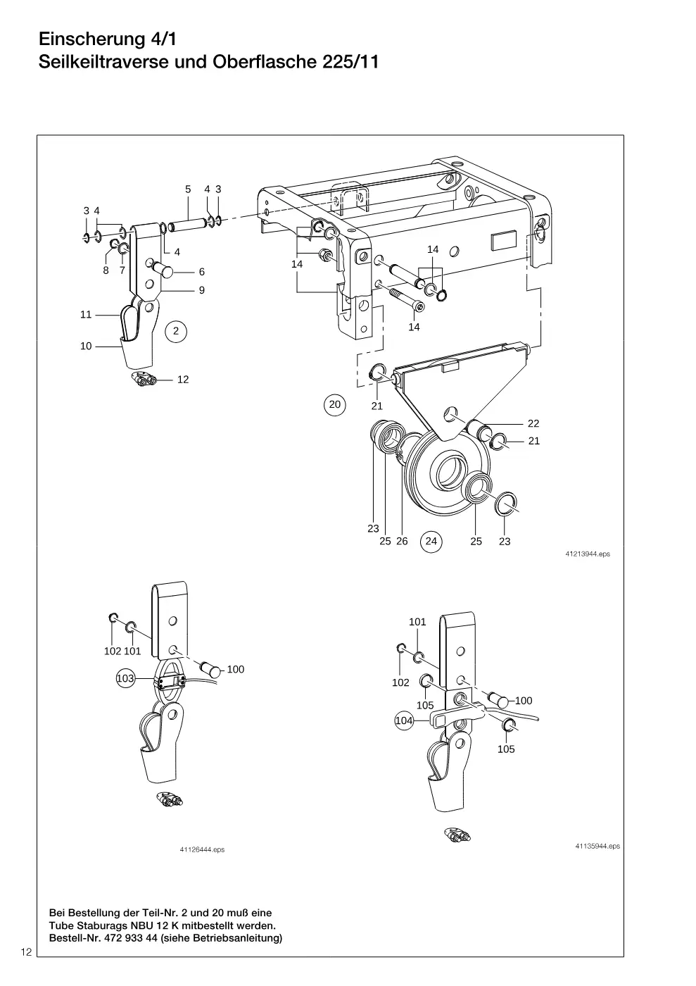 Demag DH 325 – Einscherung 4/1 Seilkeiltraverse und Oberflasche 225/11, Zeichnung Seite 12