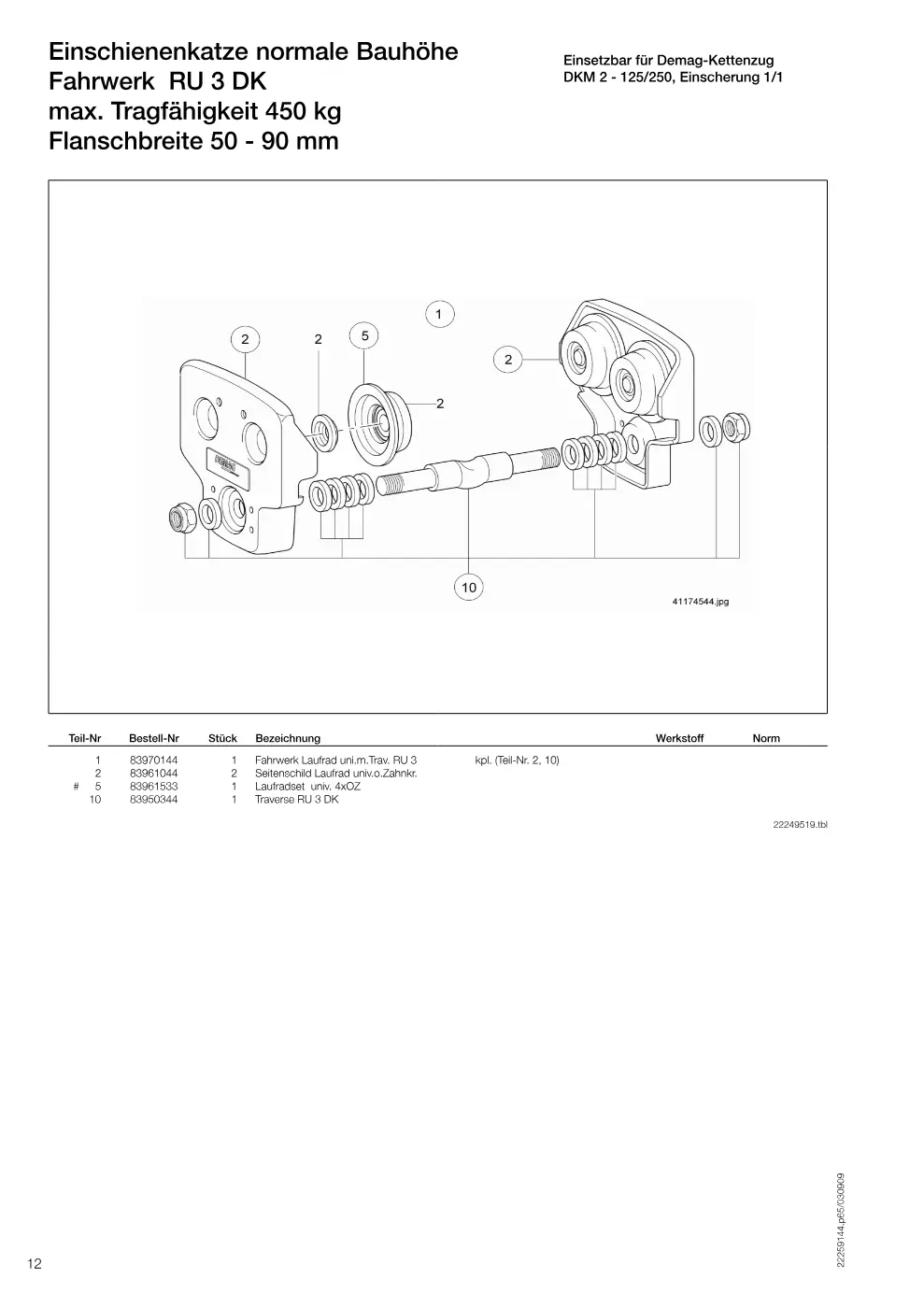 Demag Manulift DKM 2 – Einschienenkatze normale Bauhöhe Einsetzbar für Demag-Kettenzug Fahrwerk RU 3 DK DKM 2 - 125/250, Einscherung 1/1 max. Tragfähigkeit 450 kg, Zeichnung Seite 12