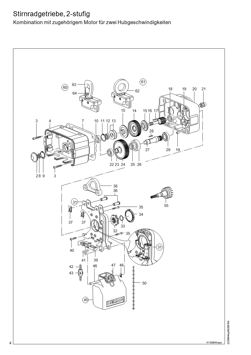 Demag Manulift DKM 1 – Stirnradgetriebe, 2-stufig Kombination mit zugehörigem Motor für zwei Hubgeschwindigkeiten, Zeichnung Seite 4