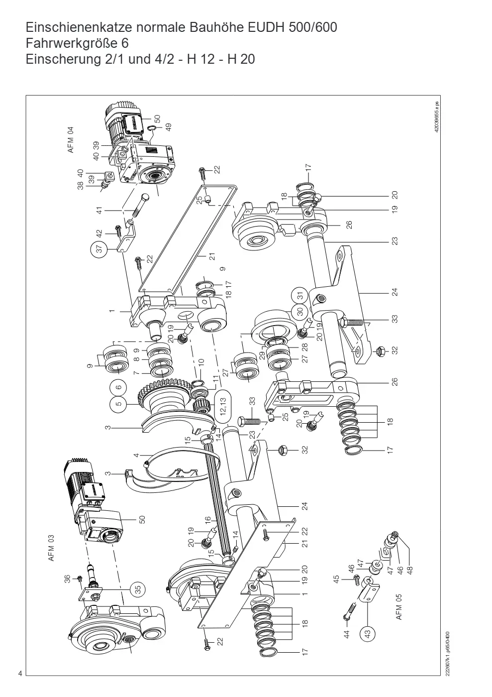 Demag DH 500/600 – Einschienenkatze normale Bauhöhe EUDH 500/600 Fahrwerkgröße 6 Einscherung 2/1 und 4/2 - H 12 - H 20, Zeichnung Seite 4