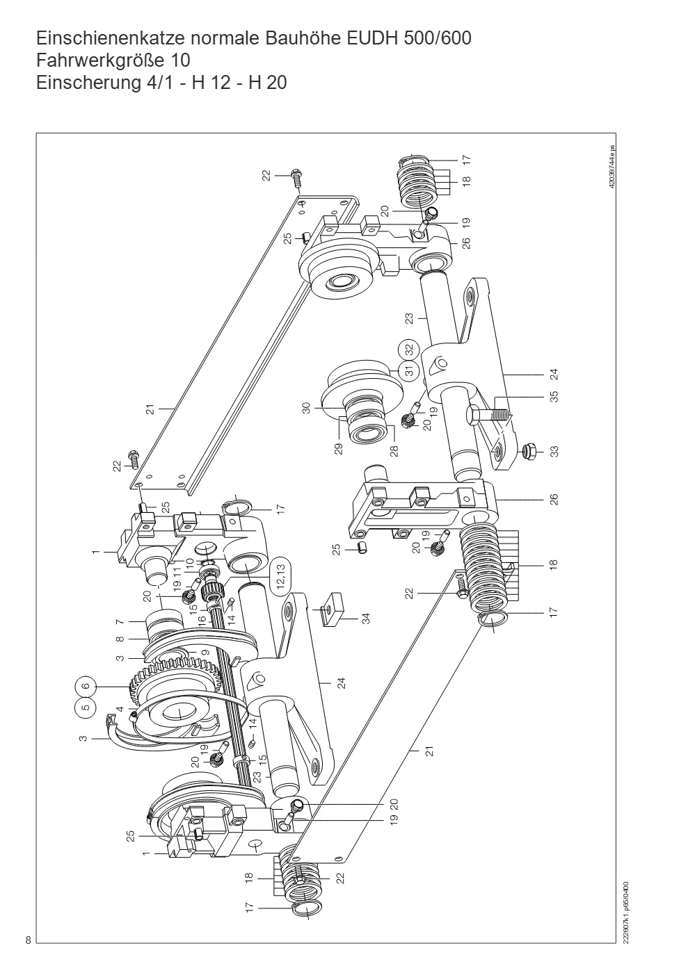 Demag DH 500/600 – Einschienenkatze normale Bauhöhe EUDH 500/600 Fahrwerkgröße 10 Einscherung 4/1 - H 12 - H 20, Zeichnung Seite 8