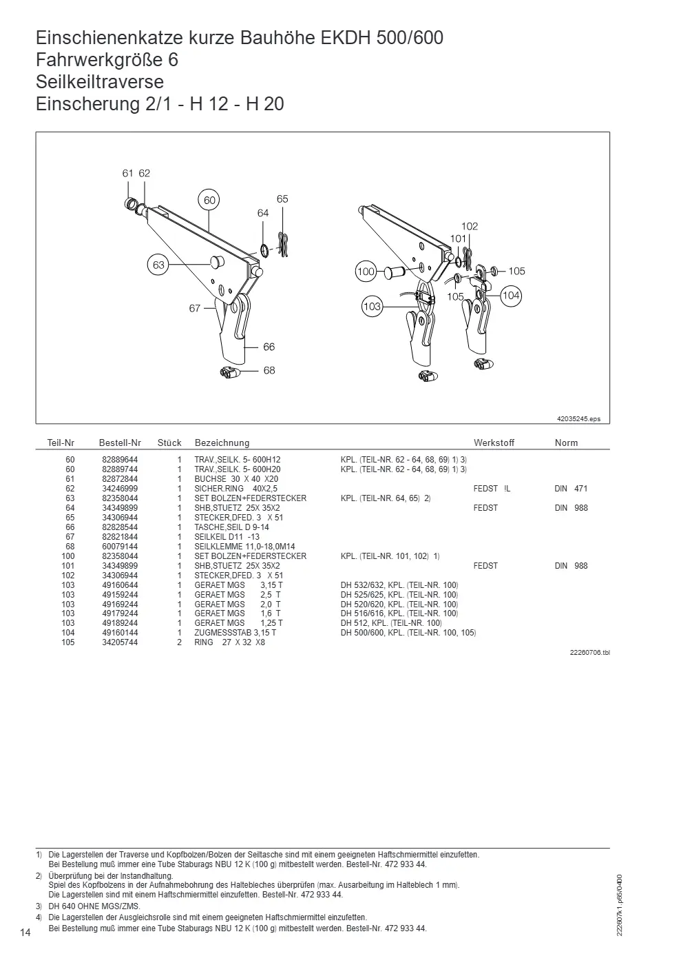Demag DH 500/600 – Einschienenkatze kurze Bauhöhe EKDH 500/600 Fahrwerkgröße 6 Seilkeiltraverse, Zeichnung Seite 14