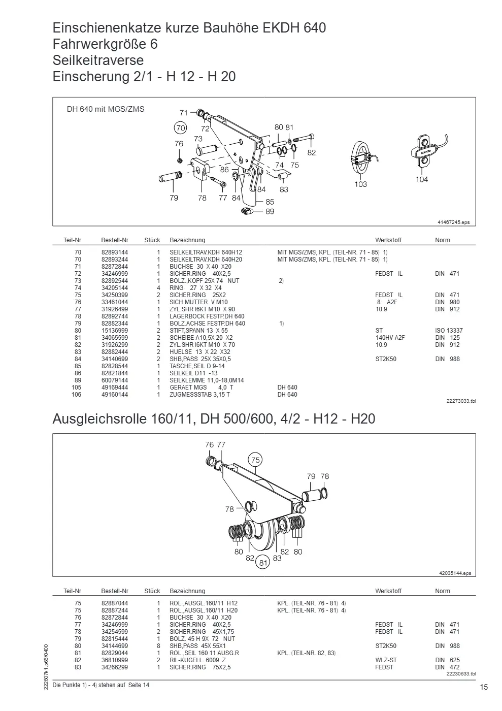 Demag DH 500/600 – Einschienenkatze kurze Bauhöhe EKDH 640 Fahrwerkgröße 6 Seilkeitraverse, Zeichnung Seite 15