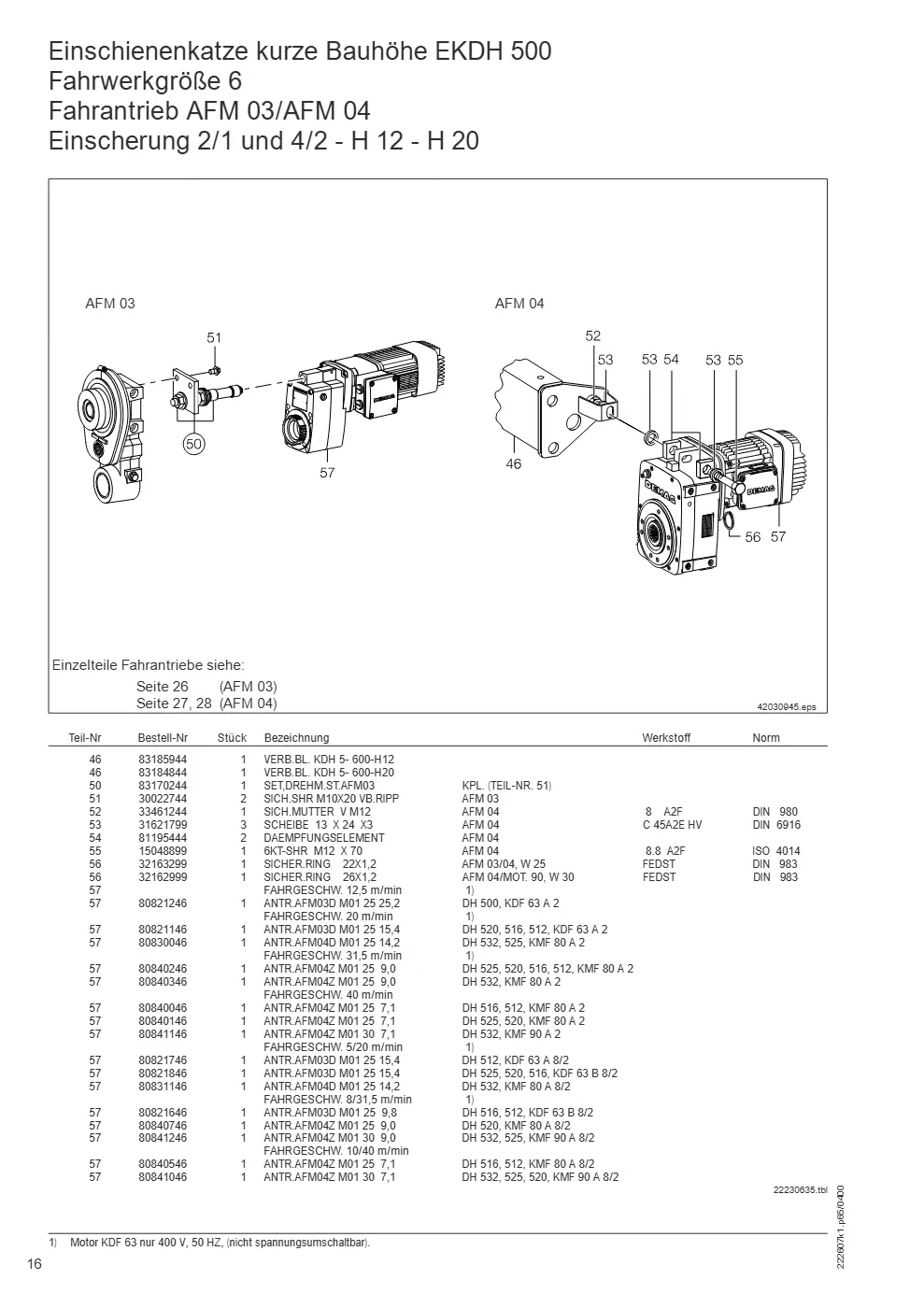 Demag DH 500/600 – Einschienenkatze kurze Bauhöhe EKDH 500 Fahrwerkgröße 6 Fahrantrieb AFM 03/AFM 04, Zeichnung Seite 16