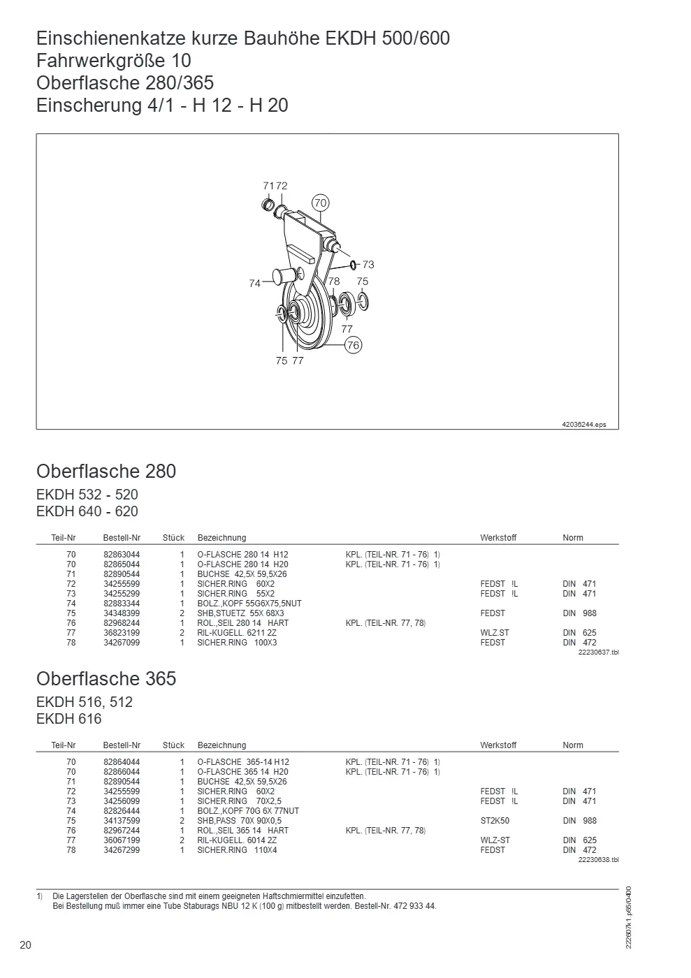Demag DH 500/600 – Einschienenkatze kurze Bauhöhe EKDH 500/600 Fahrwerkgröße 10 Oberflasche 280/365, Zeichnung Seite 20
