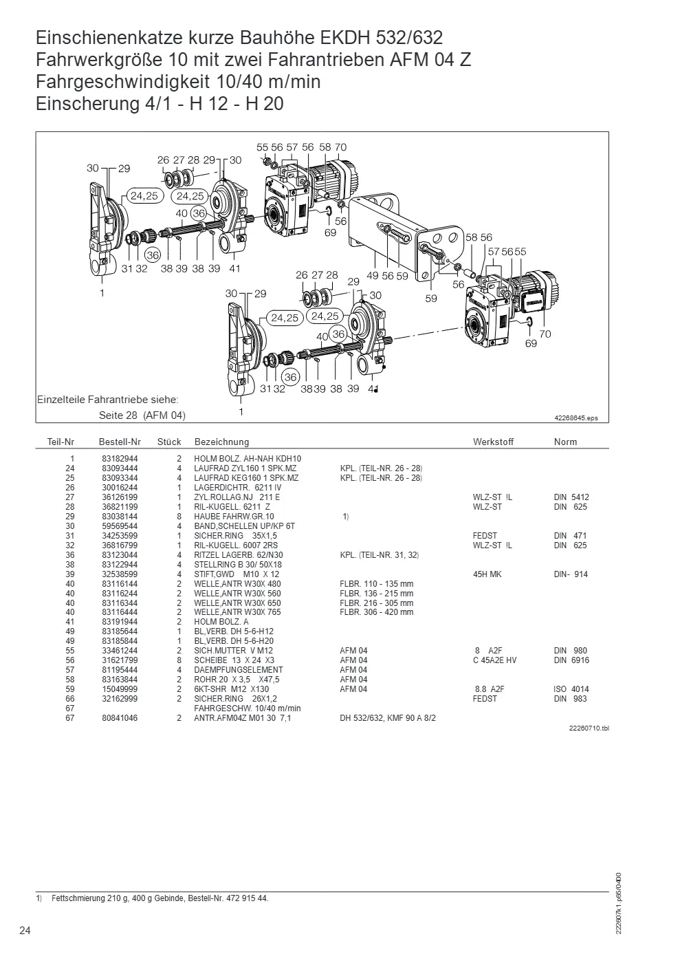 Demag DH 500/600 – Einschienenkatze kurze Bauhöhe EKDH 532/632 Fahrwerkgröße 10 mit zwei Fahrantrieben AFM 04 Z Fahrgeschwindigkeit 10/40 m/min, Zeichnung Seite 24