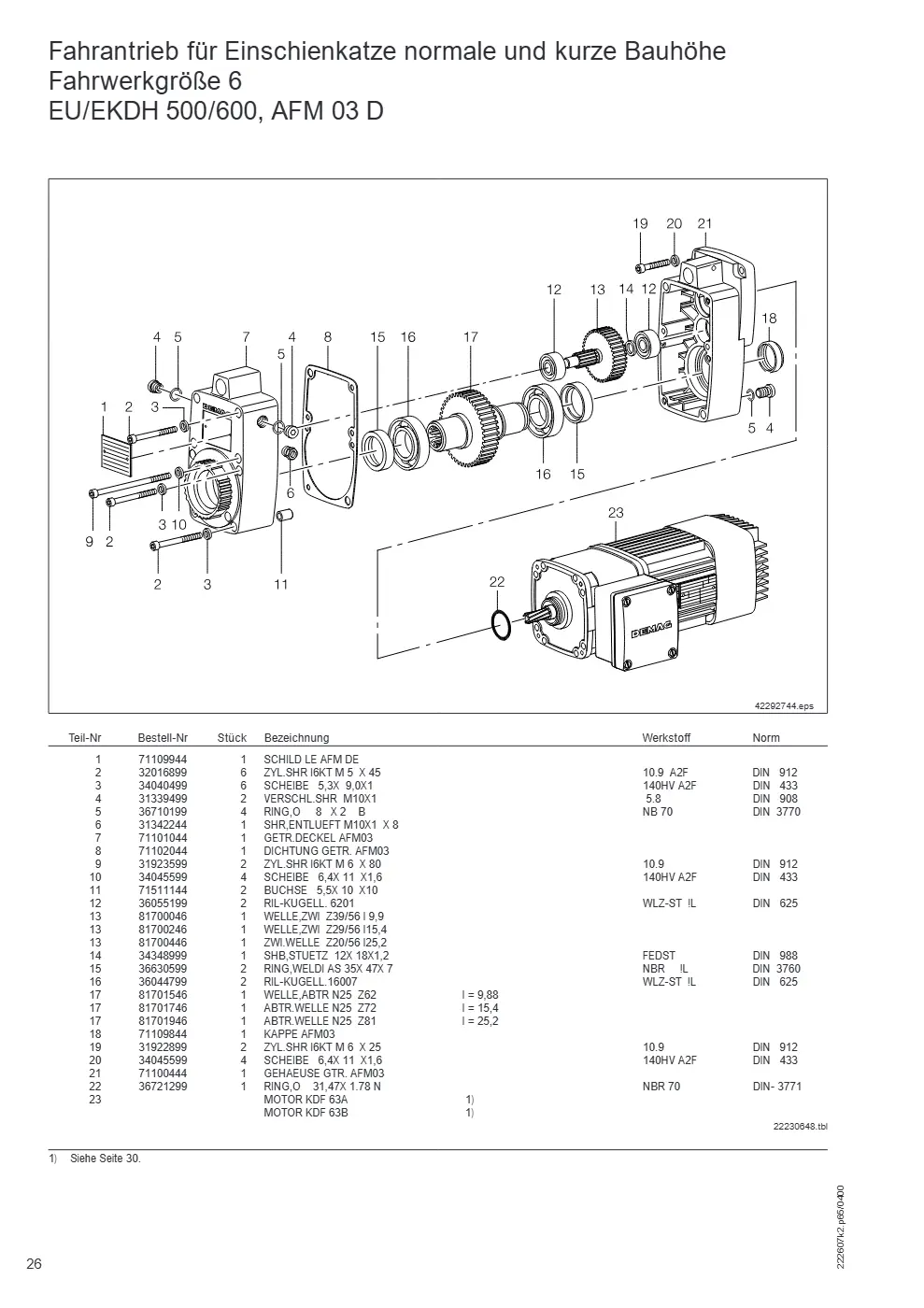 Demag DH 500/600 – Fahrantrieb für Einschienkatze normale und kurze Bauhöhe Fahrwerkgröße 6 EU/EKDH 500/600, AFM 03 D, Zeichnung Seite 26