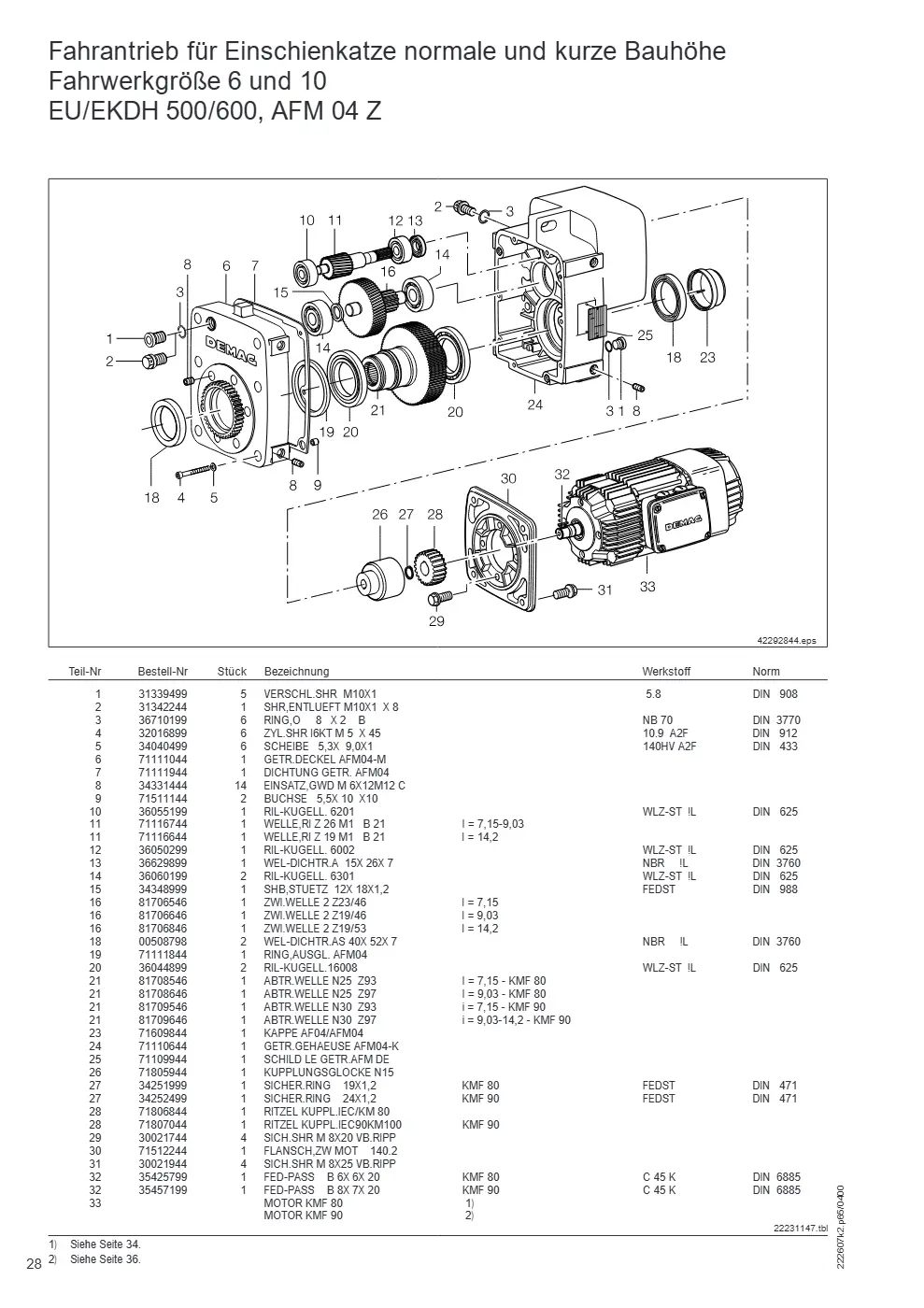 Demag DH 500/600 – Fahrantrieb für Einschienkatze normale und kurze Bauhöhe Fahrwerkgröße 6 und 10 EU/EKDH 500/600, AFM 04 Z, Zeichnung Seite 28