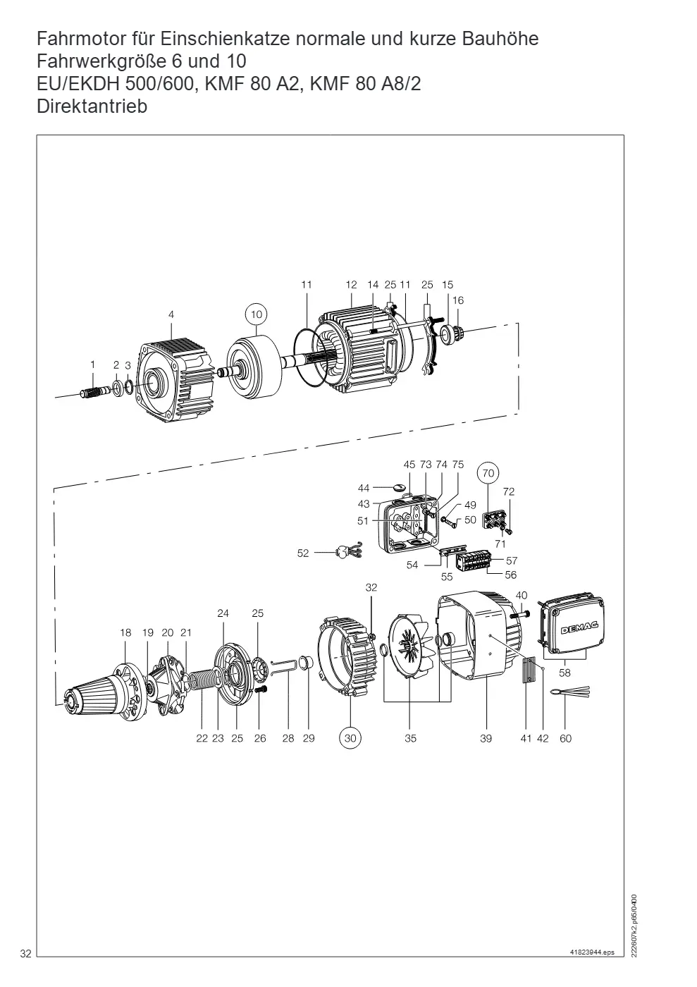 Demag DH 500/600 – Fahrmotor für Einschienkatze normale und kurze Bauhöhe Fahrwerkgröße 6 und 10 EU/EKDH 500/600, KMF 80 A2, KMF 80 A8/2, Zeichnung Seite 32