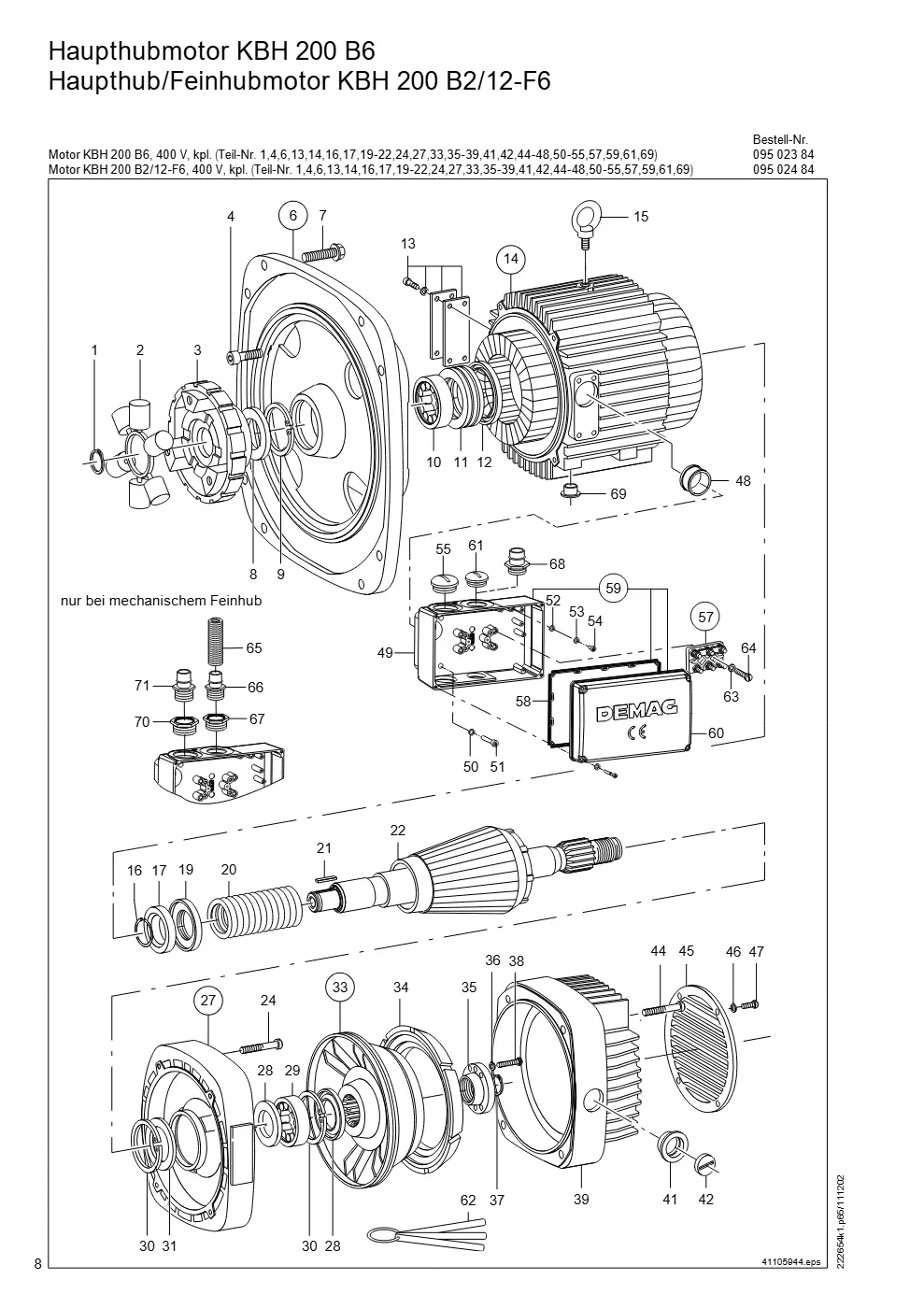 Demag DH 2000, Seil ø 25 (ab Fabrik-Nr. 417 043 69) – Haupthubmotor KBH 200 B6 Haupthub/Feinhubmotor KBH 200 B2/12-F6, Zeichnung Seite 8