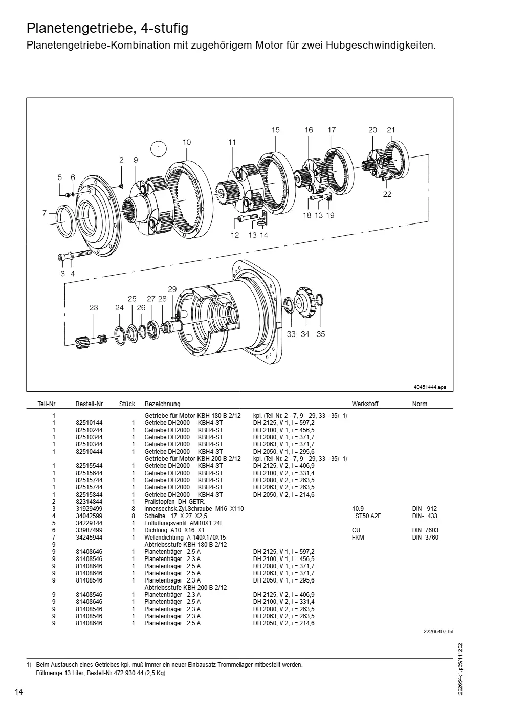 Demag DH 2000, Seil ø 25 (ab Fabrik-Nr. 417 043 69) – Planetengetriebe, 4-stufig Planetengetriebe-Kombination mit zugehörigem Motor für zwei Hubgeschwindigkeiten., Zeichnung Seite 14
