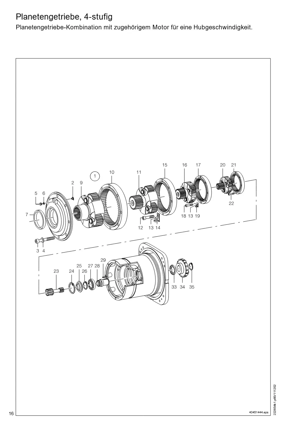 Demag DH 2000, Seil ø 25 (ab Fabrik-Nr. 417 043 69) – Planetengetriebe, 4-stufig Planetengetriebe-Kombination mit zugehörigem Motor für eine Hubgeschwindigkeit., Zeichnung Seite 16