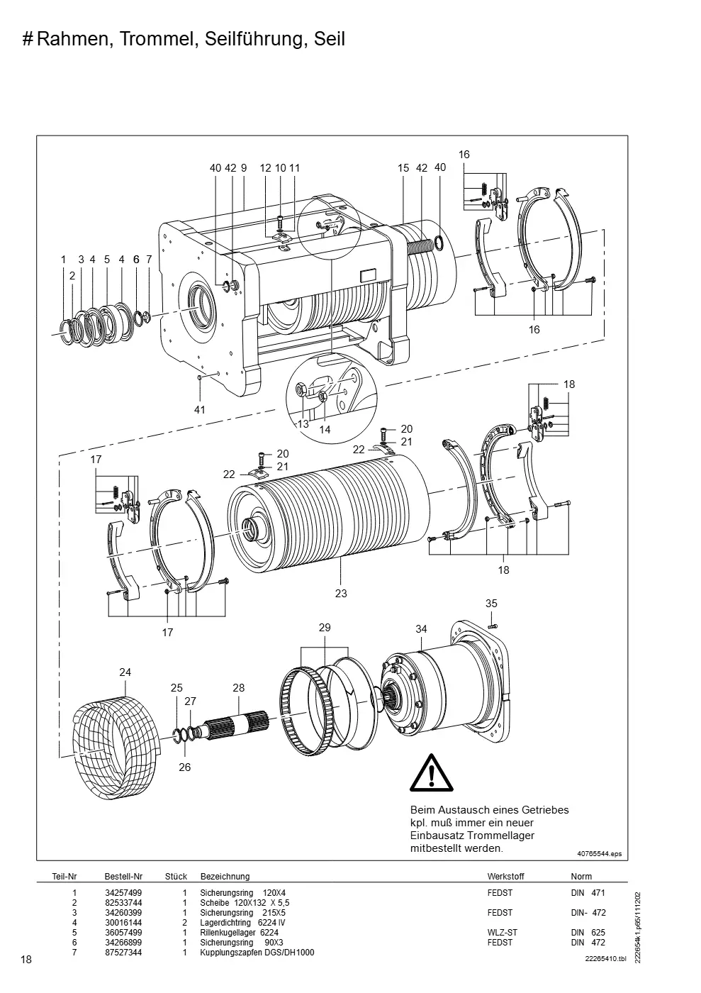 Demag DH 2000, Seil ø 25 (ab Fabrik-Nr. 417 043 69) – # Rahmen, Trommel, Seilführung, Seil, Zeichnung Seite 18