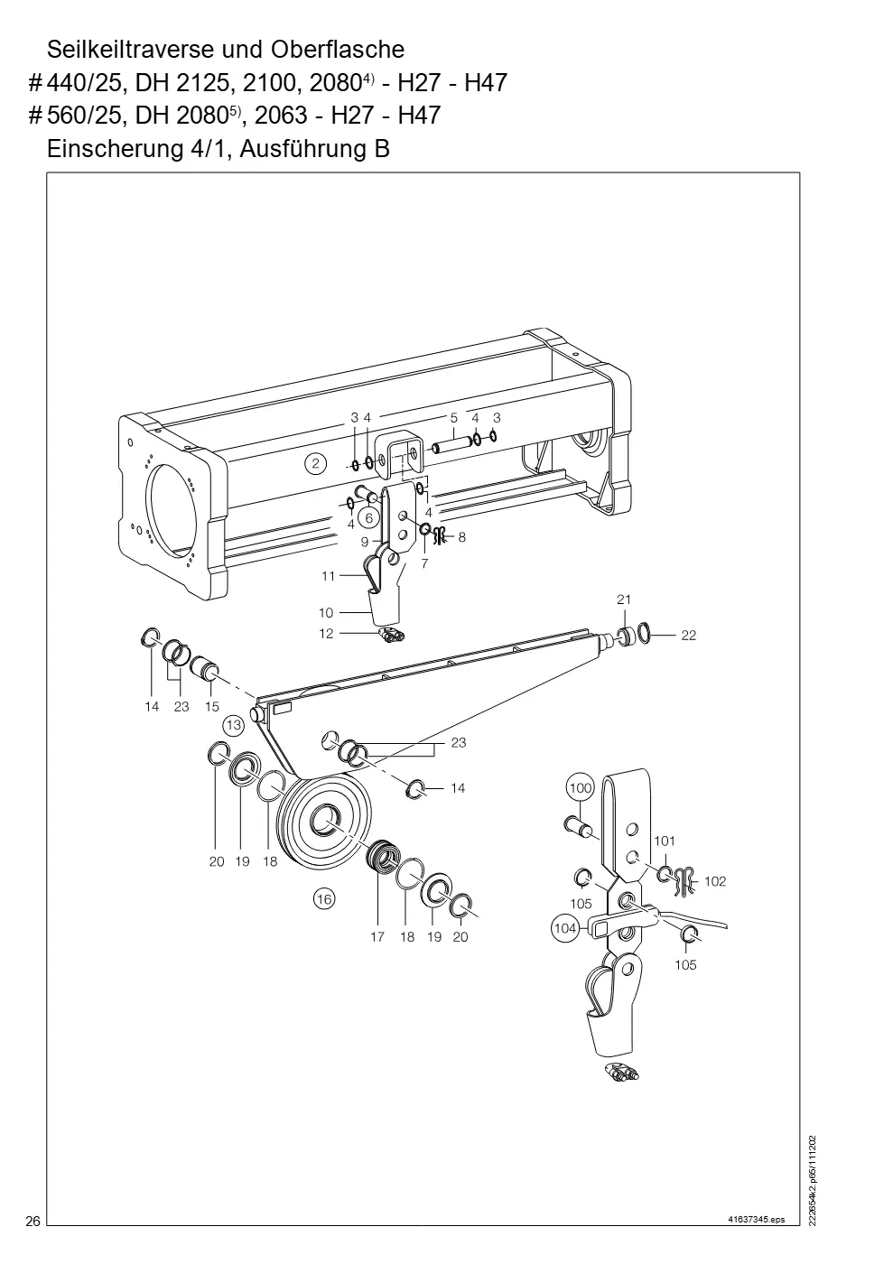 Demag DH 2000, Seil ø 25 (ab Fabrik-Nr. 417 043 69) – Seilkeiltraverse und Oberflasche # 440/25, DH 2125, 2100, 2080 - H27 - H47 4), Zeichnung Seite 26