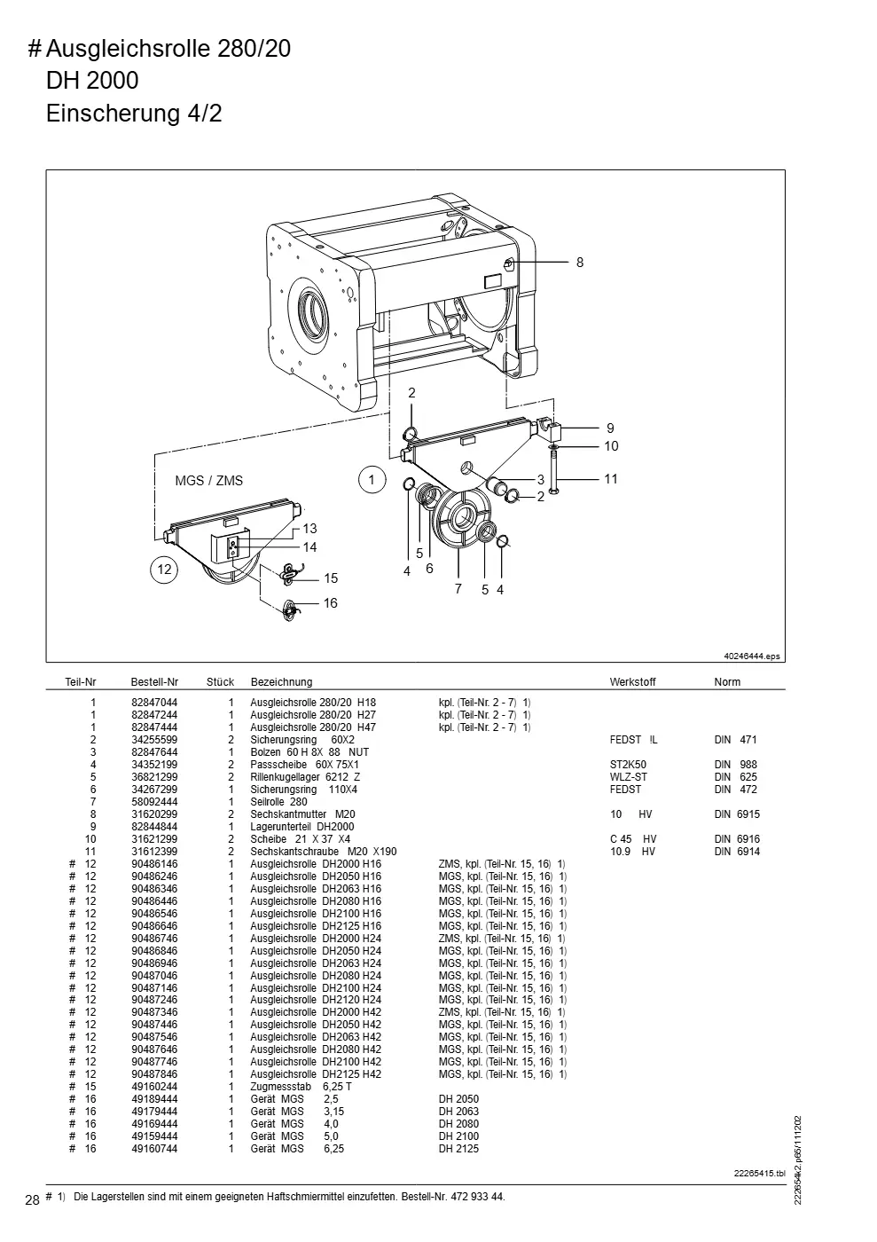 Demag DH 2000, Seil ø 25 (ab Fabrik-Nr. 417 043 69) – # Ausgleichsrolle 280/20 DH 2000, Zeichnung Seite 28