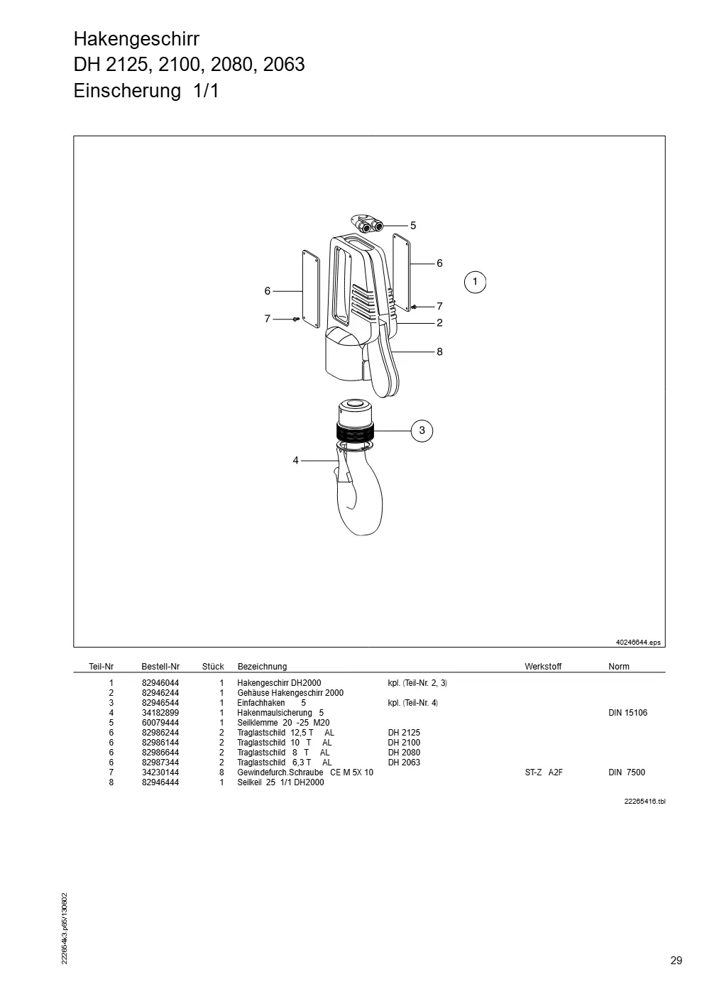 Demag DH 2000, Seil ø 25 (ab Fabrik-Nr. 417 043 69) – Hakengeschirr DH 2125, 2100, 2080, 2063, Zeichnung Seite 29