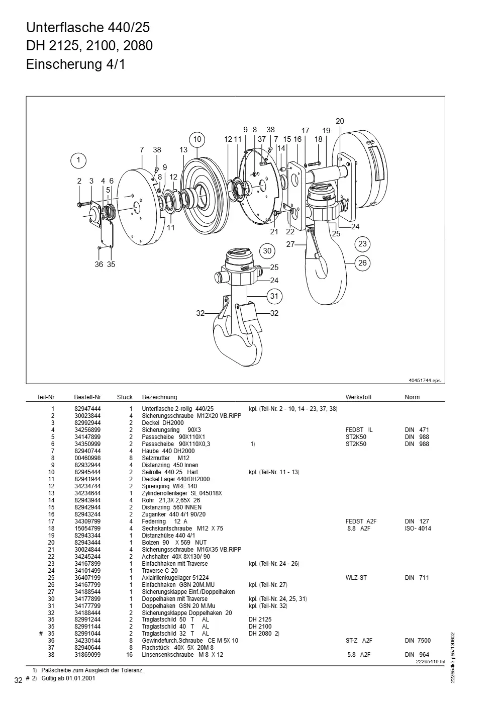 Demag DH 2000, Seil ø 25 (ab Fabrik-Nr. 417 043 69) – Unterflasche 440/25 DH 2125, 2100, 2080, Zeichnung Seite 32