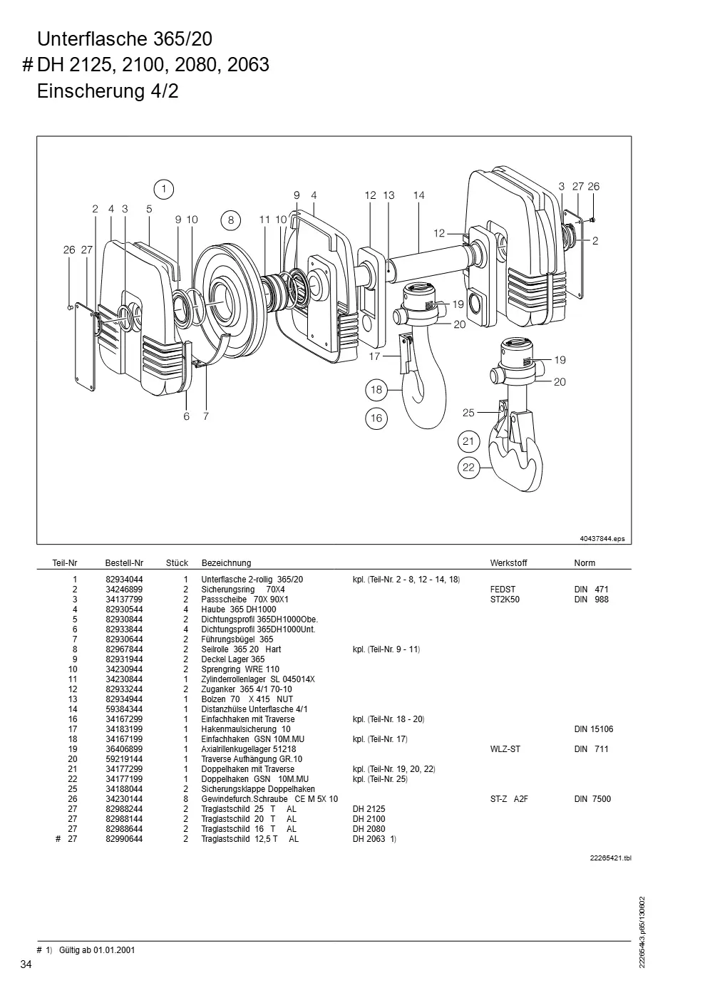 Demag DH 2000, Seil ø 25 (ab Fabrik-Nr. 417 043 69) – Unterflasche 365/20 # DH 2125, 2100, 2080, 2063, Zeichnung Seite 34