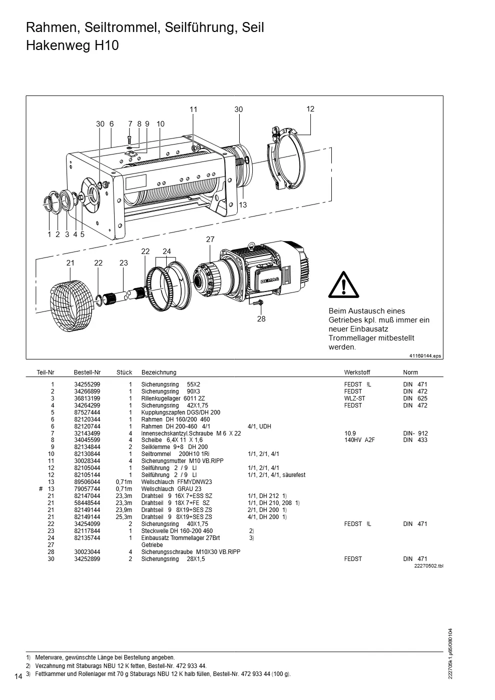 Demag DH 200 ab 1.6.1997 – Rahmen, Seiltrommel, Seilführung, Seil Hakenweg H10, Zeichnung Seite 14