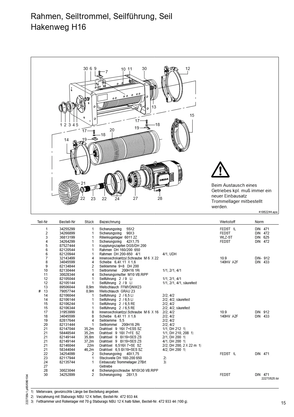 Demag DH 200 ab 1.6.1997 – Rahmen, Seiltrommel, Seilführung, Seil Hakenweg H16, Zeichnung Seite 15