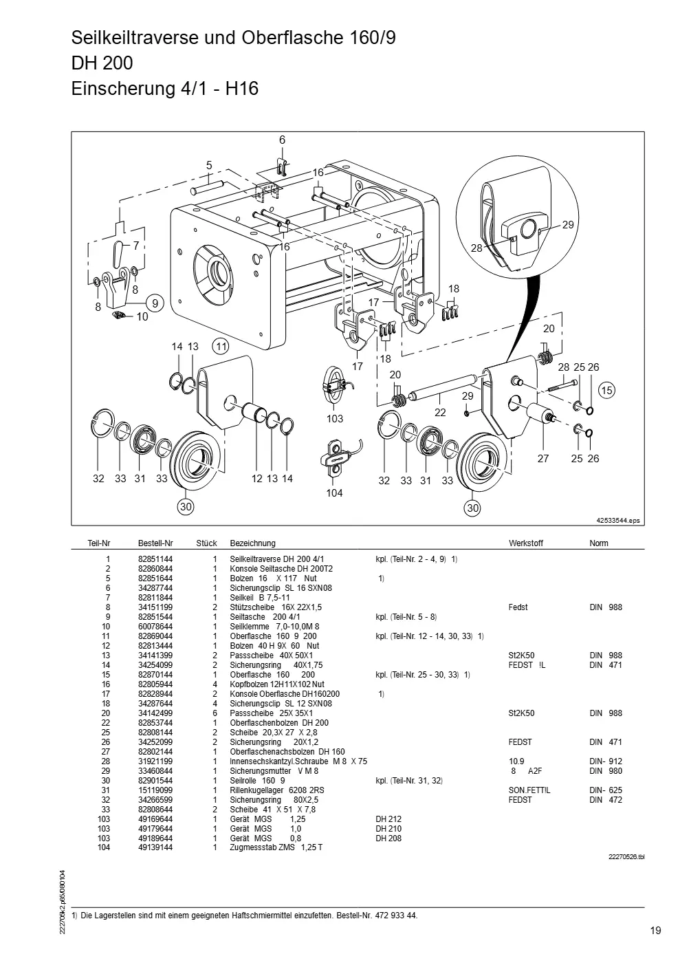 Demag DH 200 ab 1.6.1997 – Seilkeiltraverse und Oberflasche 160/9 DH 200, Zeichnung Seite 19