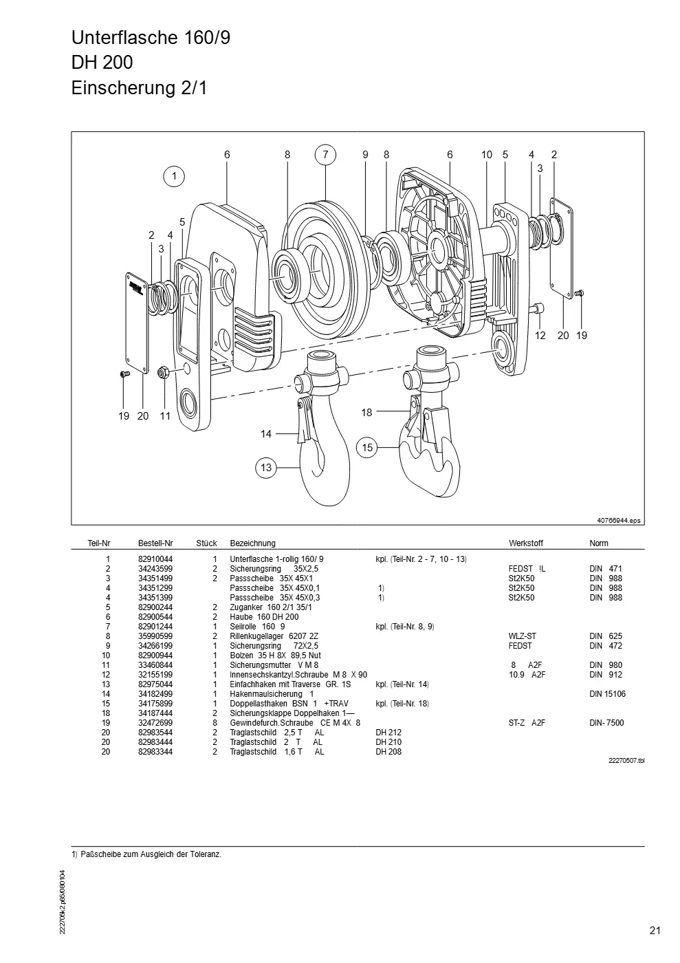 Demag DH 200 ab 1.6.1997 – Unterflasche 160/9 DH 200, Zeichnung Seite 21