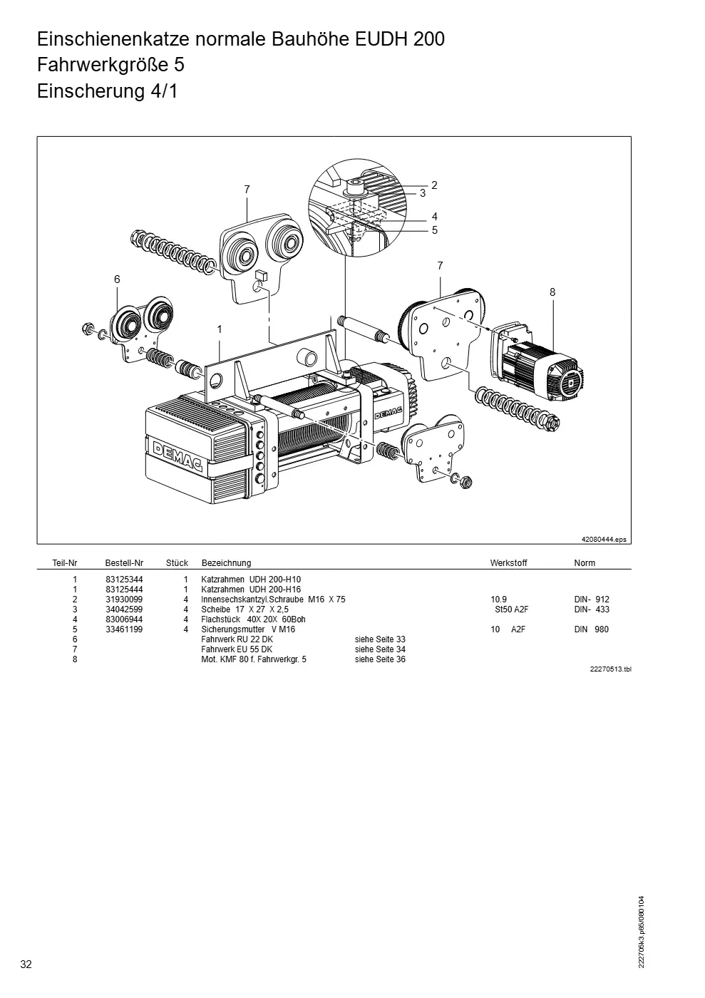Demag DH 200 ab 1.6.1997 – Einschienenkatze normale Bauhöhe EUDH 200 Fahrwerkgröße 5, Zeichnung Seite 32