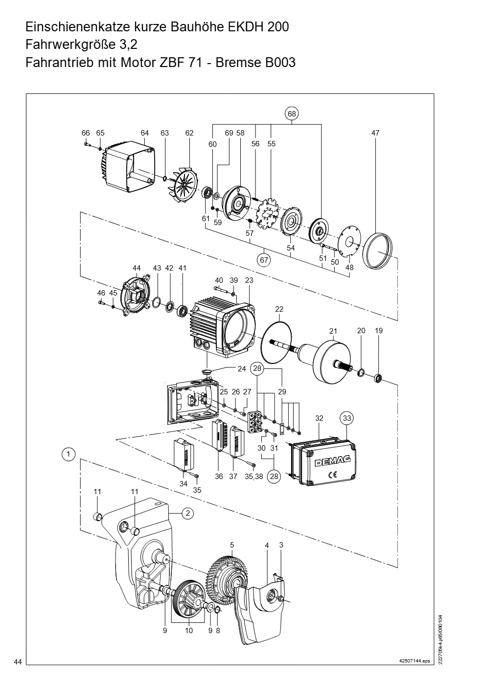 Demag DH 200 ab 1.6.1997 – Einschienenkatze kurze Bauhöhe EKDH 200 Fahrwerkgröße 3,2, Zeichnung Seite 44