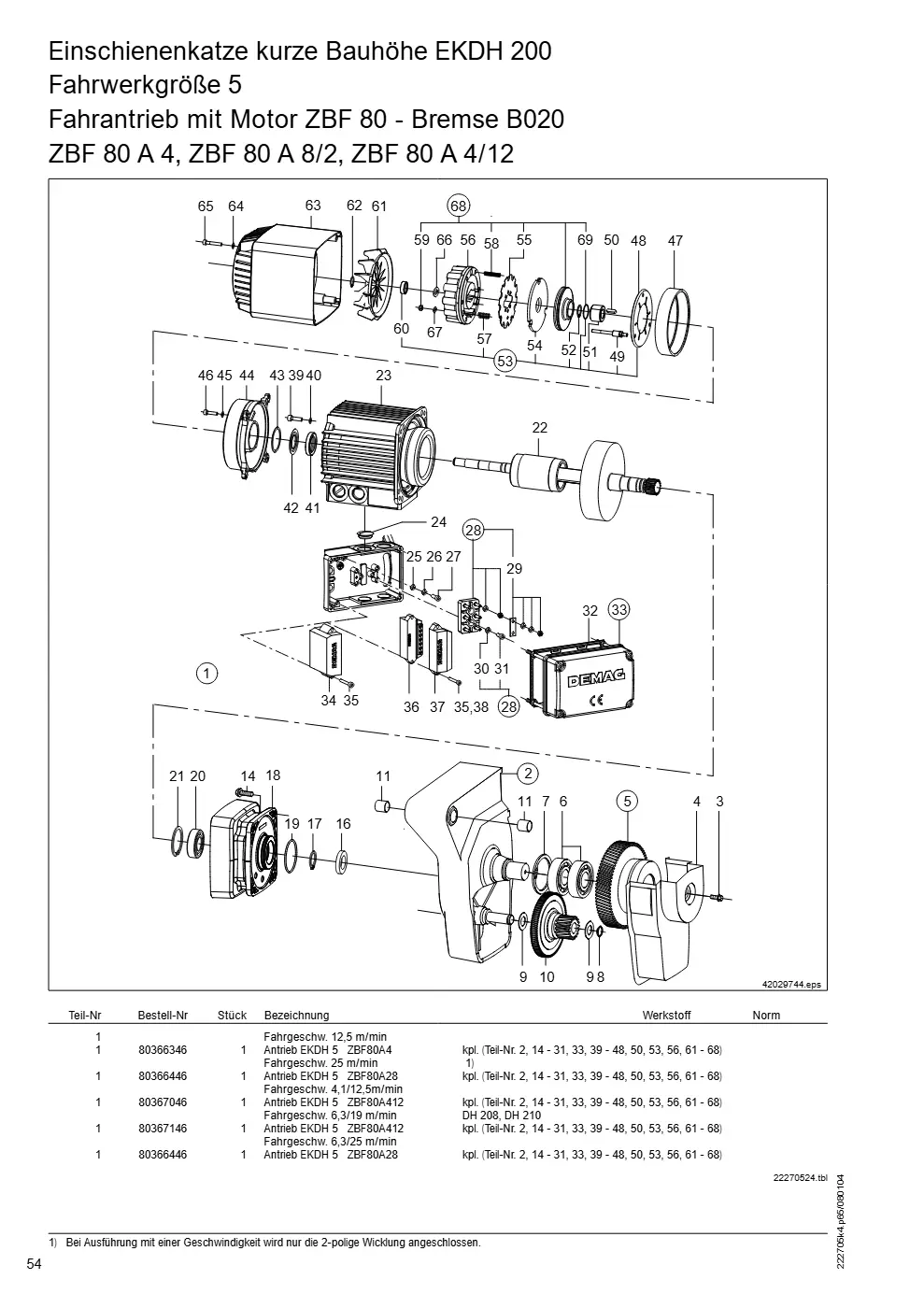 Demag DH 200 ab 1.6.1997 – Einschienenkatze kurze Bauhöhe EKDH 200 Fahrwerkgröße 5, Zeichnung Seite 54