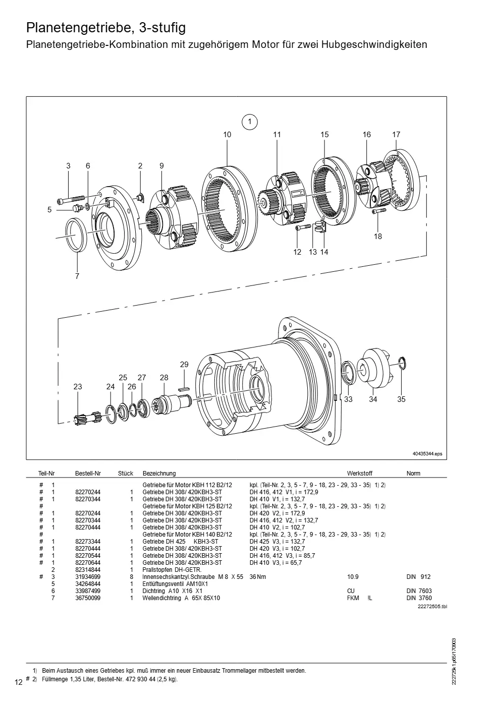 Demag DH 400 – Planetengetriebe, 3-stufig Planetengetriebe-Kombination mit zugehörigem Motor für zwei Hubgeschwindigkeiten, Zeichnung Seite 12
