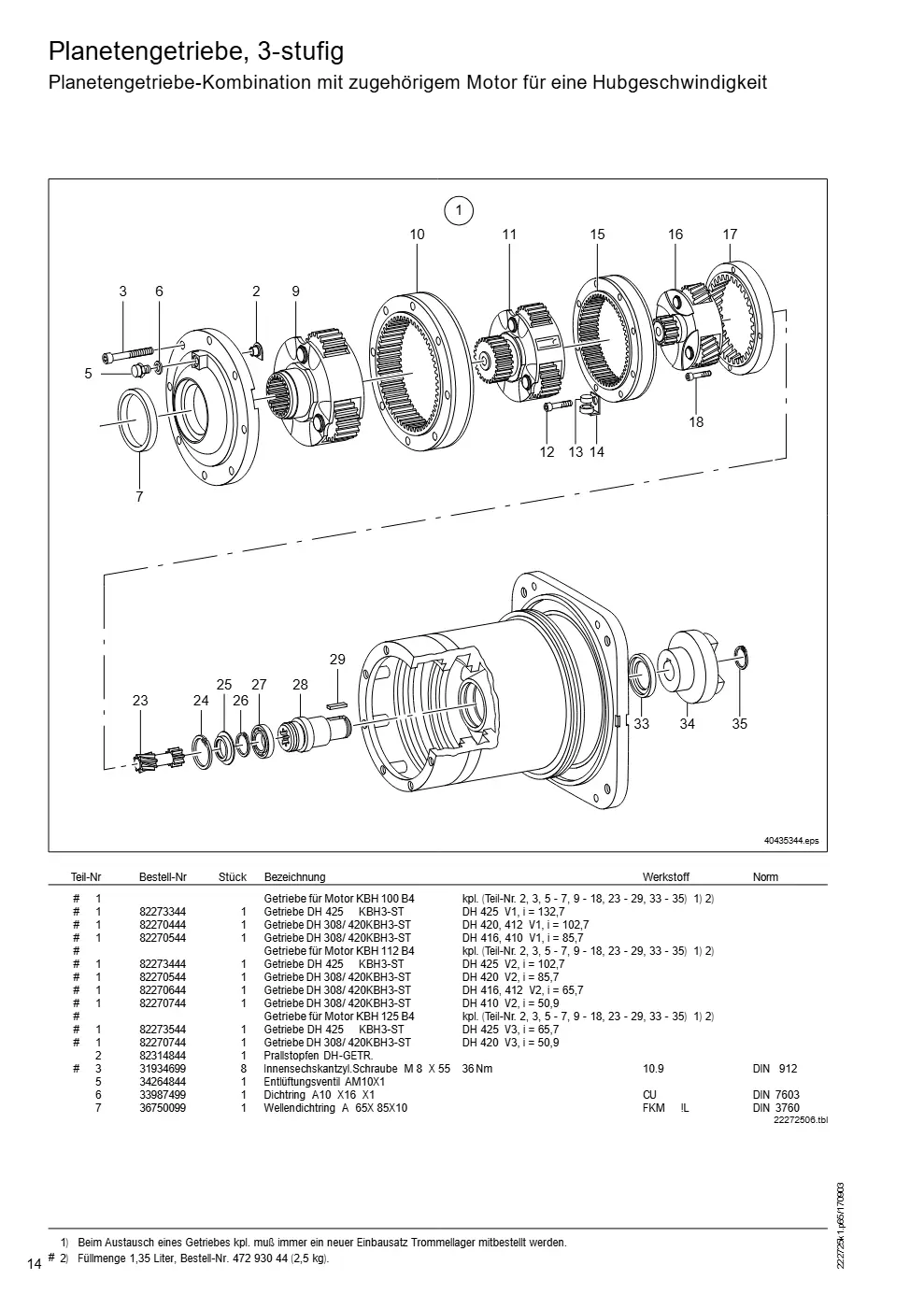 Demag DH 400 – Planetengetriebe, 3-stufig Planetengetriebe-Kombination mit zugehörigem Motor für eine Hubgeschwindigkeit, Zeichnung Seite 14