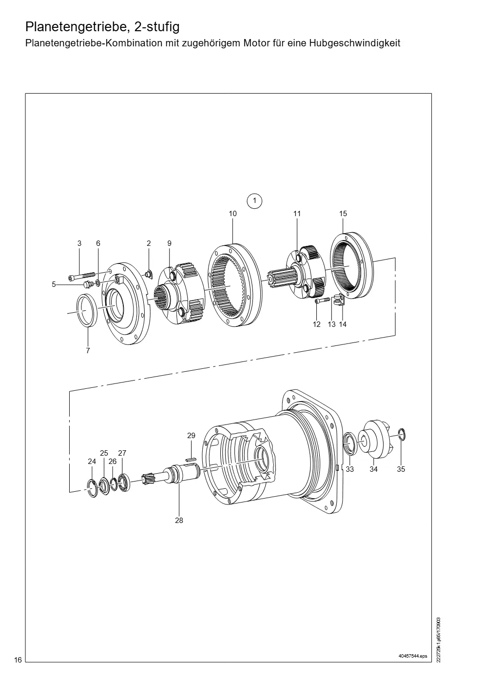 Demag DH 400 – Planetengetriebe, 2-stufig Planetengetriebe-Kombination mit zugehörigem Motor für eine Hubgeschwindigkeit, Zeichnung Seite 16