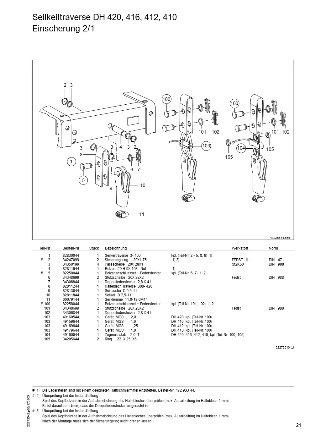 Demag DH 400 – Seilkeiltraverse DH 420, 416, 412, 410 Einscherung 2/1, Zeichnung Seite 21