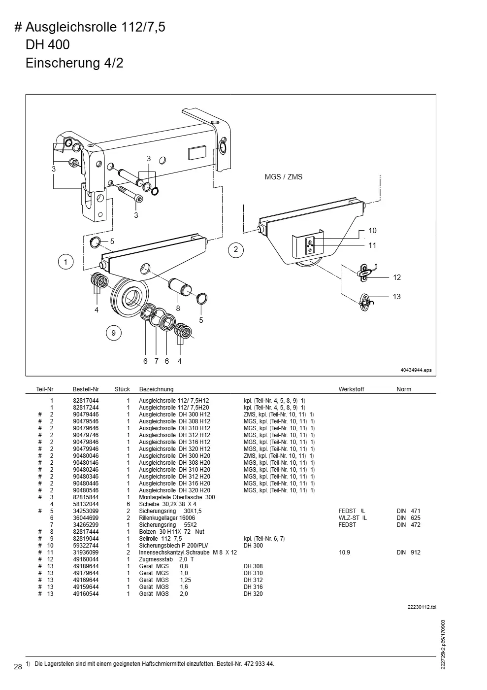 Demag DH 400 – # Ausgleichsrolle 112/7,5 DH 400, Zeichnung Seite 28