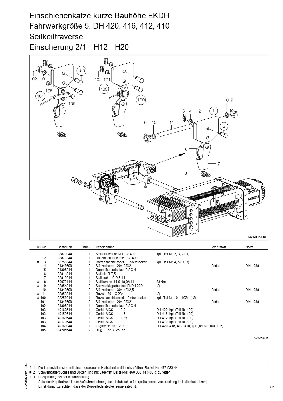 Demag DH 400 – Einschienenkatze kurze Bauhöhe EKDH Fahrwerkgröße 5, DH 420, 416, 412, 410, Zeichnung Seite 61