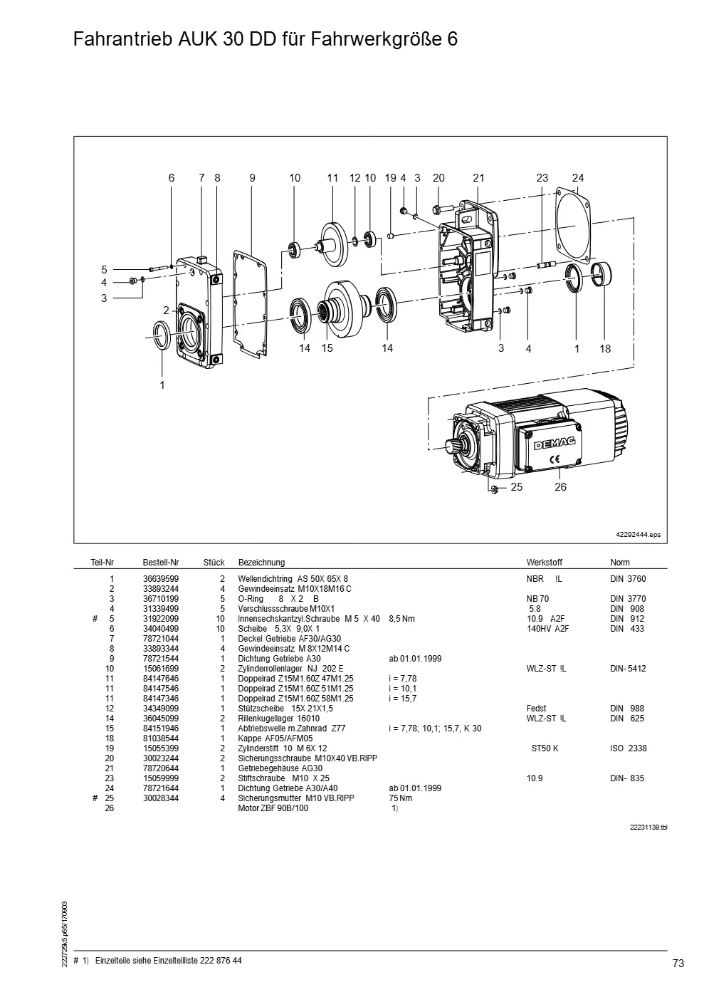 Demag DH 400 – Fahrantrieb AUK 30 DD für Fahrwerkgröße 6, Zeichnung Seite 73